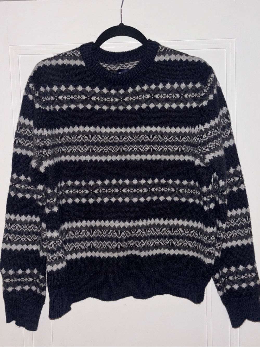 Saks Fifth Avenue Black and Gray Fair Isle Crewneck Sweater